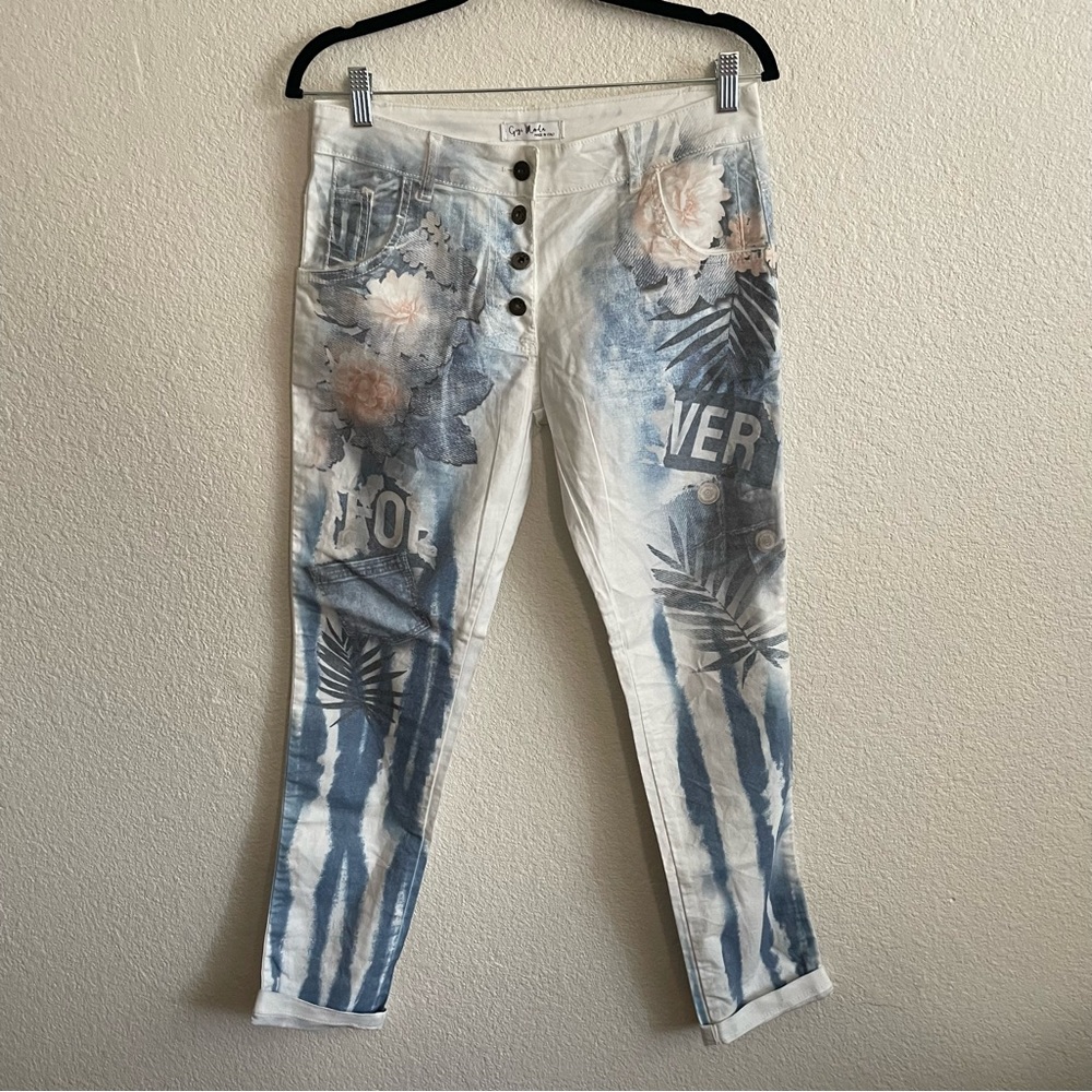 Gigi Moda Lizz Palm Frond Jean Cotton Blend Stretch Button Fly Pockets